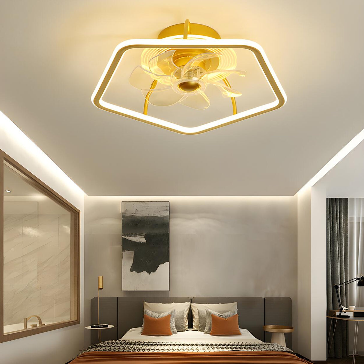 Stylish Metal Geometric Frame Ceiling Fan with Light Image - 1