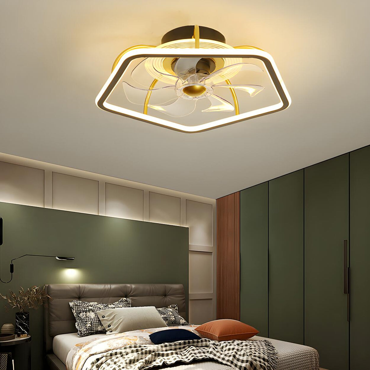 Stylish Metal Geometric Frame Ceiling Fan with Light Image - 3