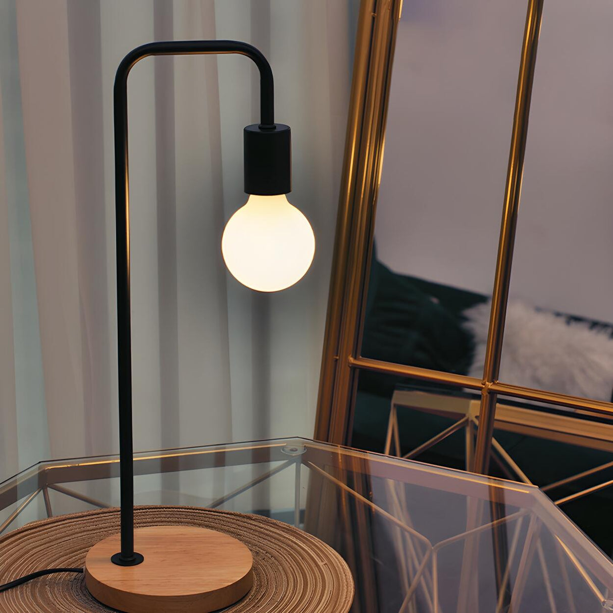 Stylish Minimalist Black Linear Wooden Base Table Lamp Image - 1