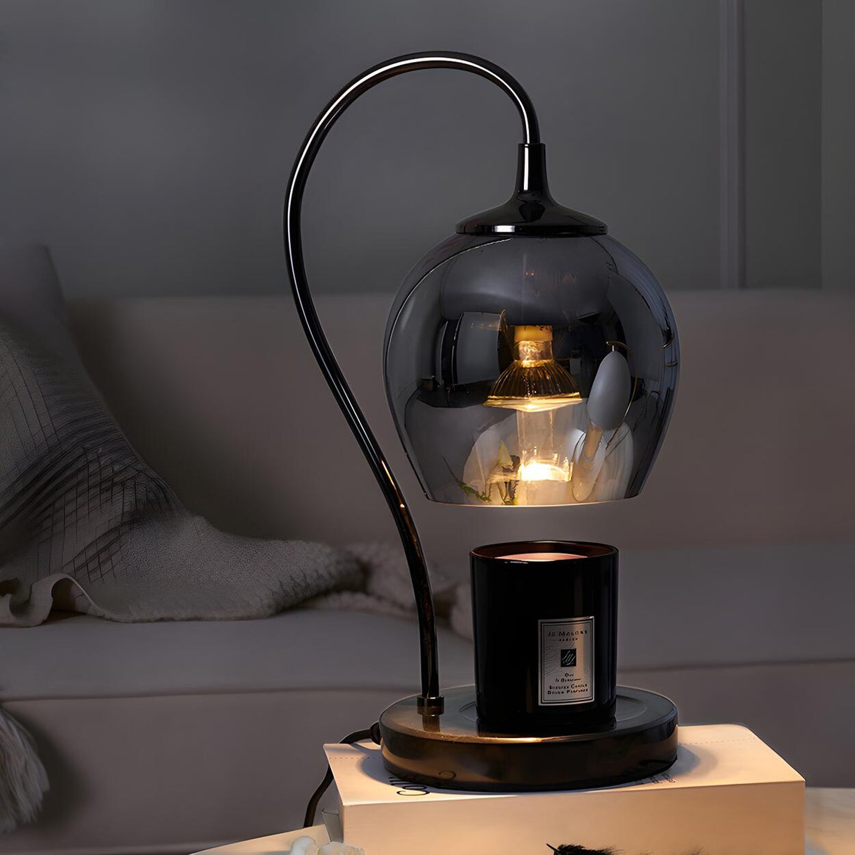 Stylish Modern Black Glass Globe Shade Metal Table Lamp Image - 3