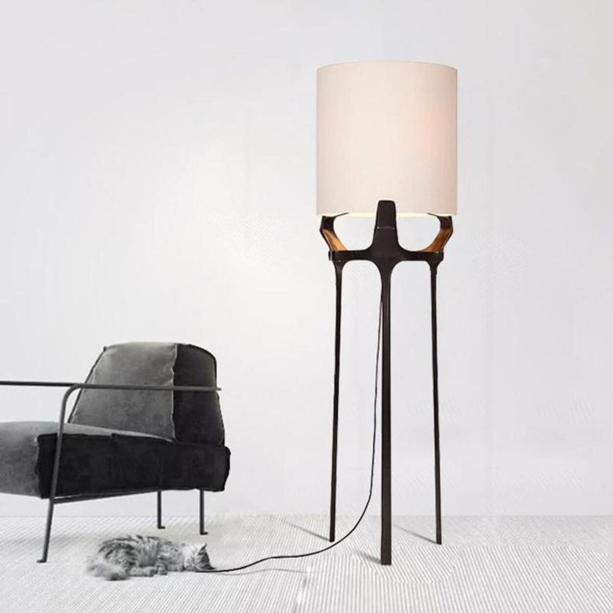 Stylish Modern White Drum Bedside Tripod Floor Lamp Image - 3