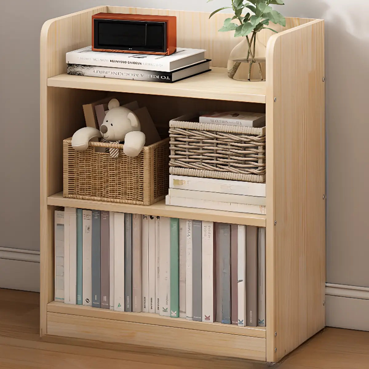 Stylish Natural Wood Finish Rectangular Small Bookcase Image - 2