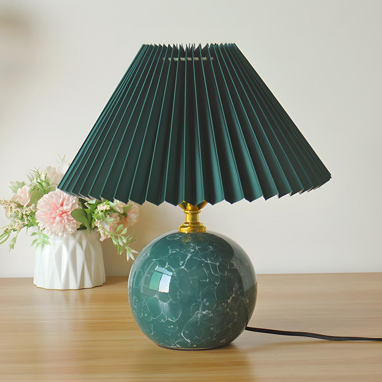 Stylish Nordic Fabric Shade Globe Ceramic Table Lamp Image - 17