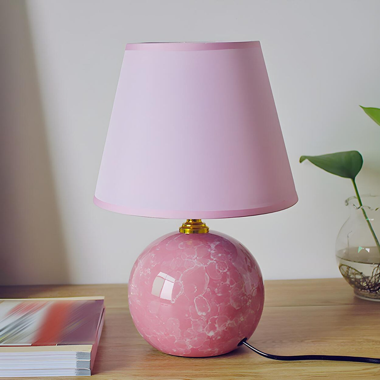 Stylish Nordic Fabric Shade Globe Ceramic Table Lamp Image - 3