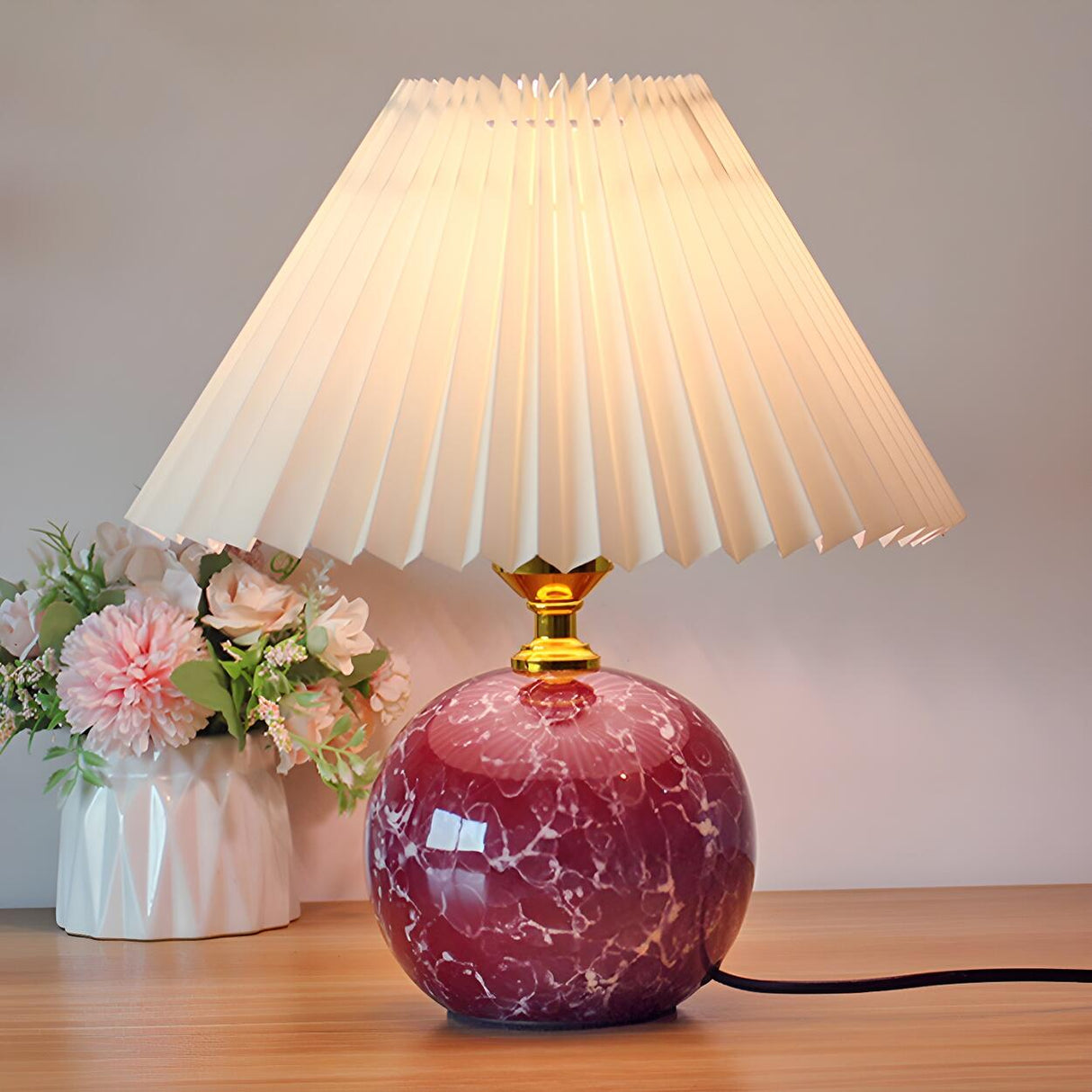 Stylish Nordic Fabric Shade Globe Ceramic Table Lamp Image - 9