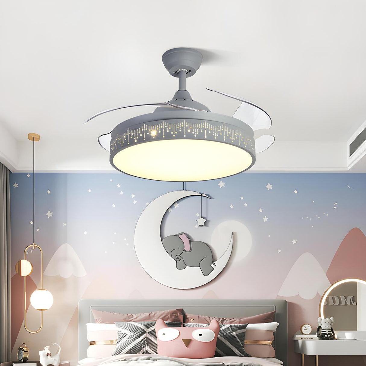 Stylish Nordic Gray Round Ceiling Fan with LED Light Image - 17