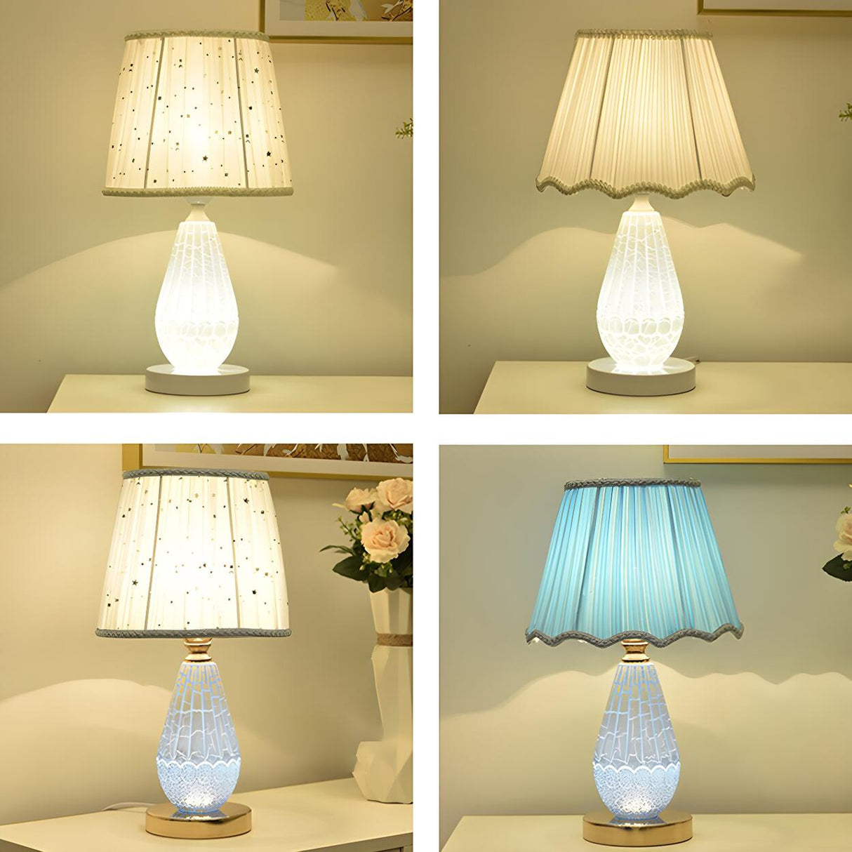 Stylish Pleated Fabric Shade Glass Geometric Table Lamp Image - 12