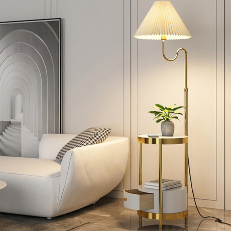 Stylish Pleated Gold Metal Floor Lamp with Storage Image - 1