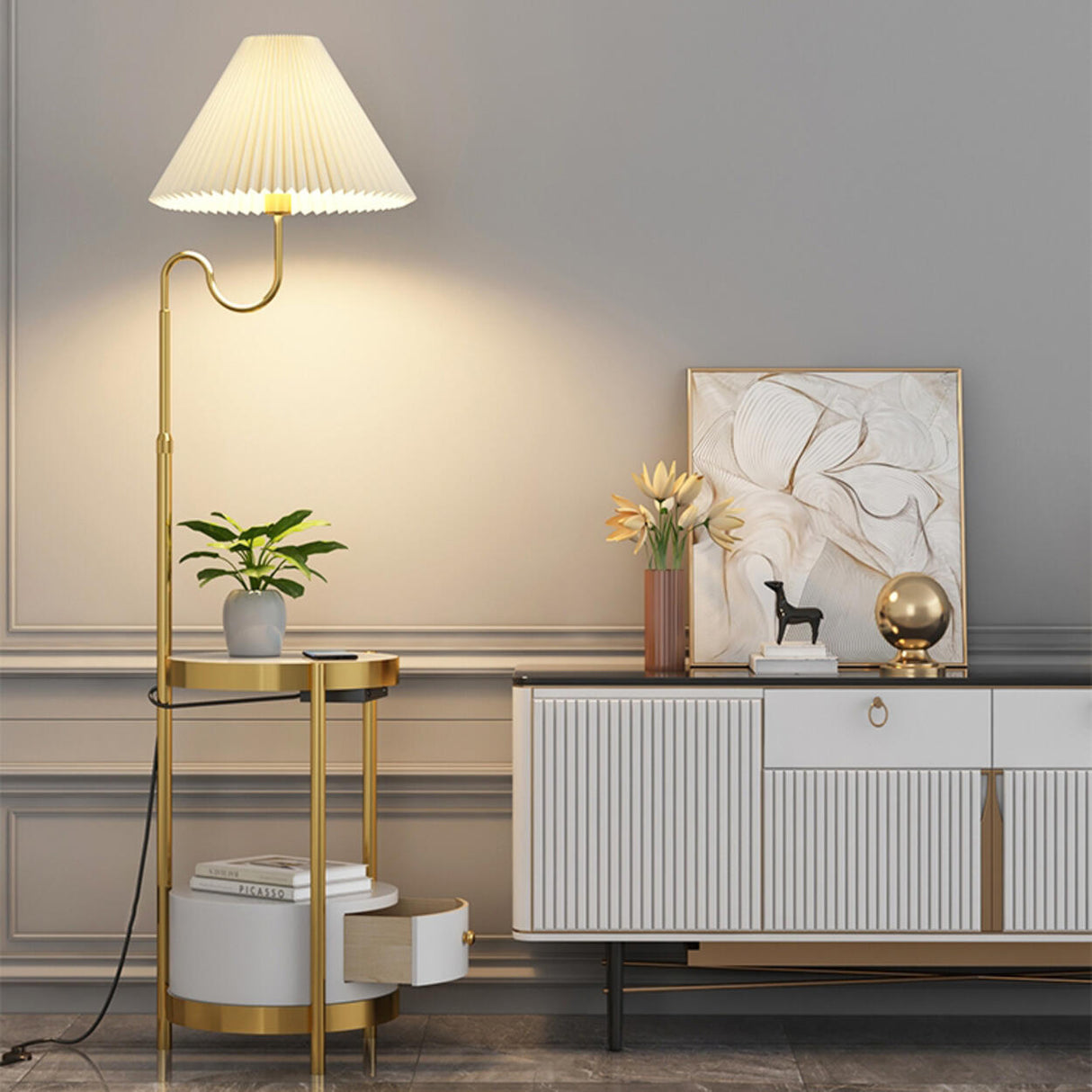 Stylish Pleated Gold Metal Floor Lamp with Storage Image - 4