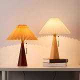 Stylish Pleated Shade Conical Wooden Base Table Lamp Image - 1