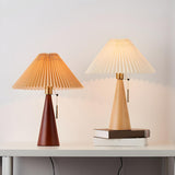 Stylish Pleated Shade Conical Wooden Base Table Lamp Image - 11