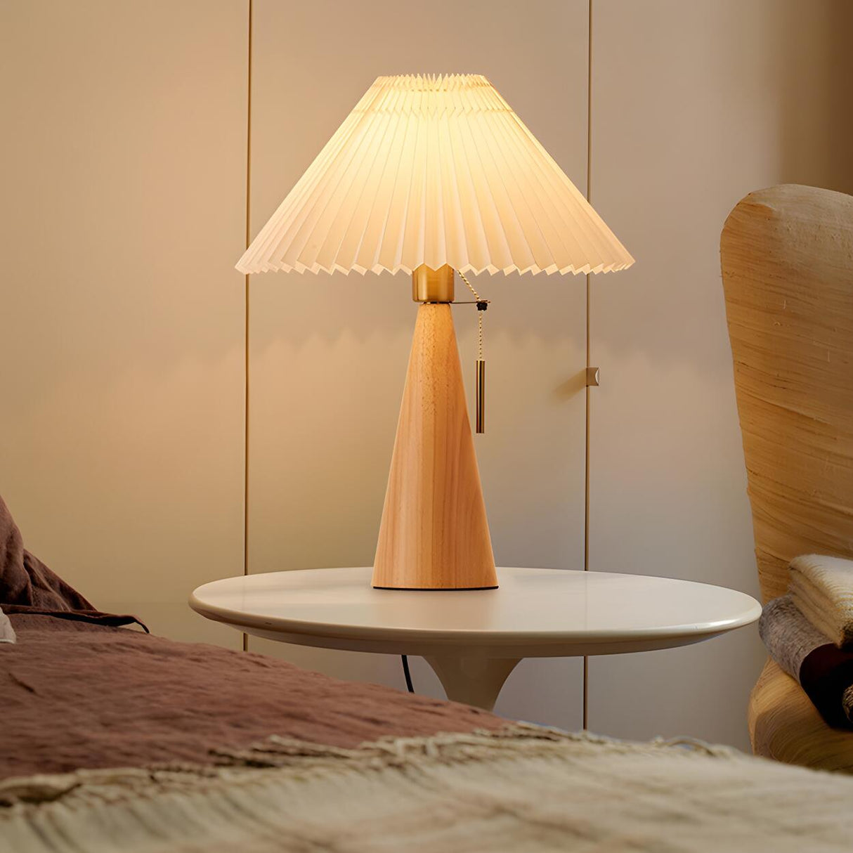 Stylish Pleated Shade Conical Wooden Base Table Lamp Image - 12