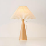 Stylish Pleated Shade Conical Wooden Base Table Lamp Image - 2