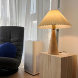 Stylish Pleated Shade Conical Wooden Base Table Lamp Image - 5