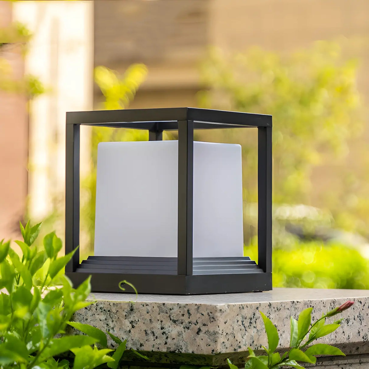 Stylish Rectangle Metal Frame Pillar Outdoor Table Lamp Image - 3