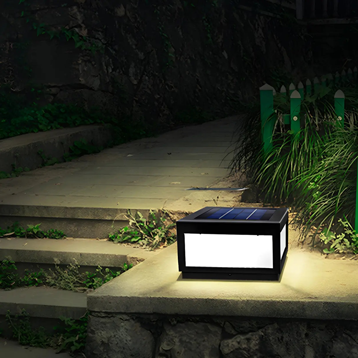 Stylish Rectangular Cube Solar LED Outdoor Path Lamp Image - 4