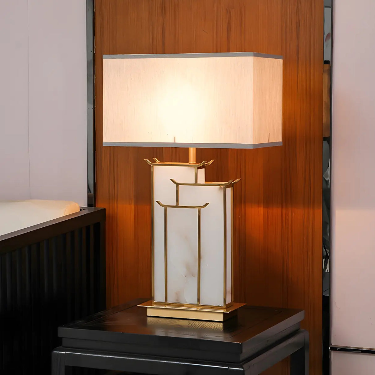 Stylish Rectangular Fabric Gold Bedroom Table Lamp Image - 4