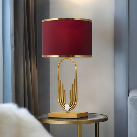 Stylish Red Fabric Drum Shade Art Metal Base Table Lamp Image - 1