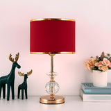 Stylish Red Fabric Drum Shade Crystal Base Table Lamp Image - 1