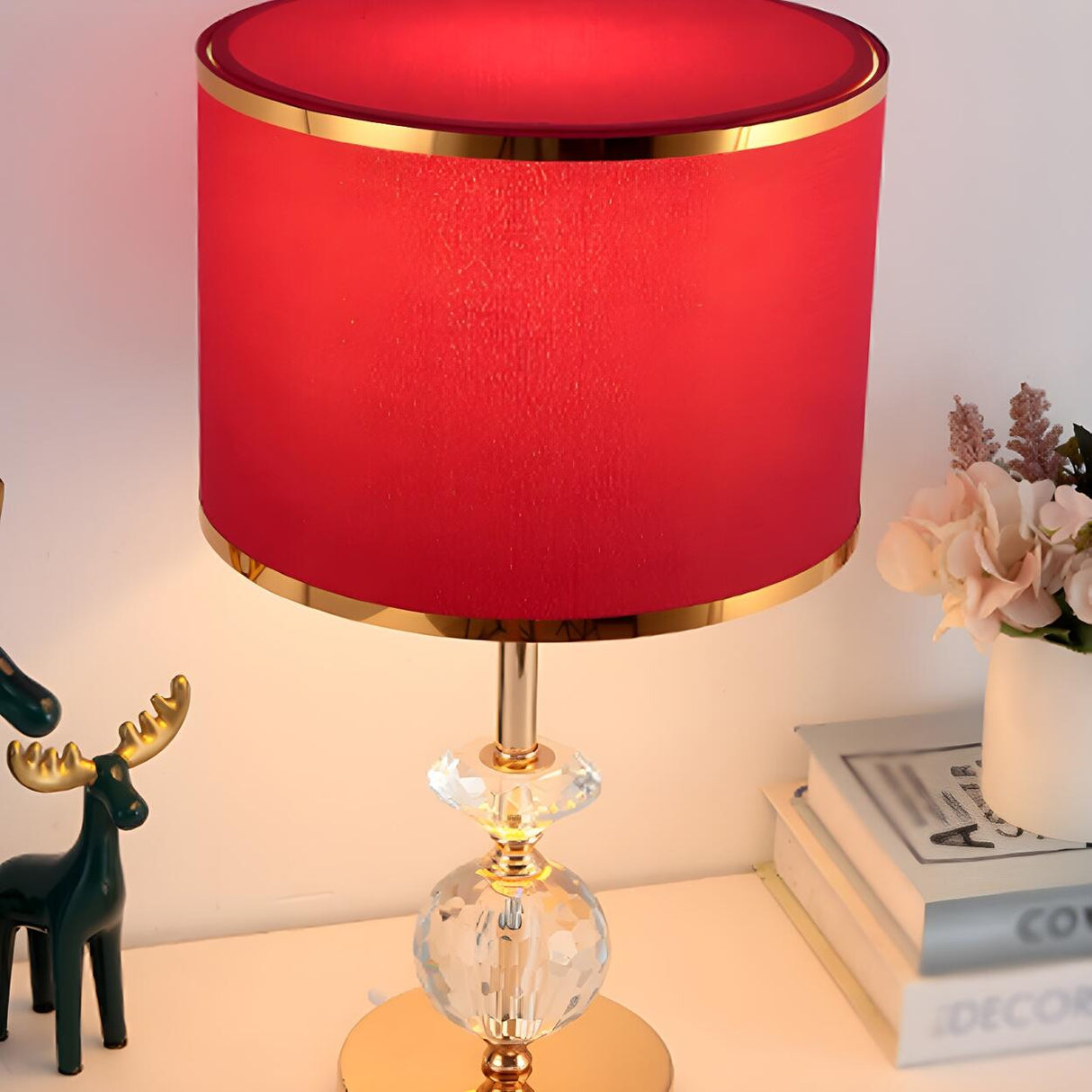 Stylish Red Fabric Drum Shade Crystal Base Table Lamp Image - 10