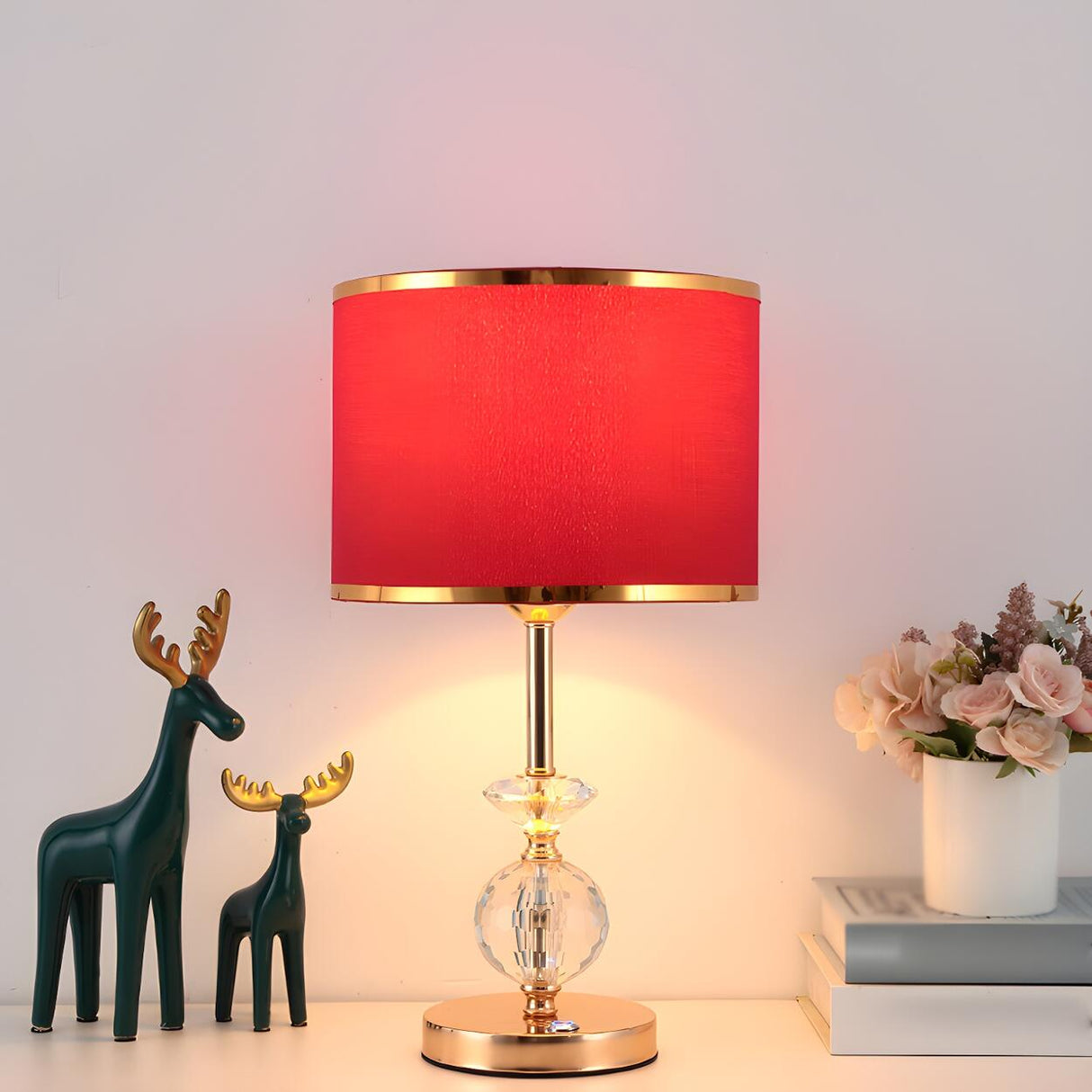 Stylish Red Fabric Drum Shade Crystal Base Table Lamp Image - 12