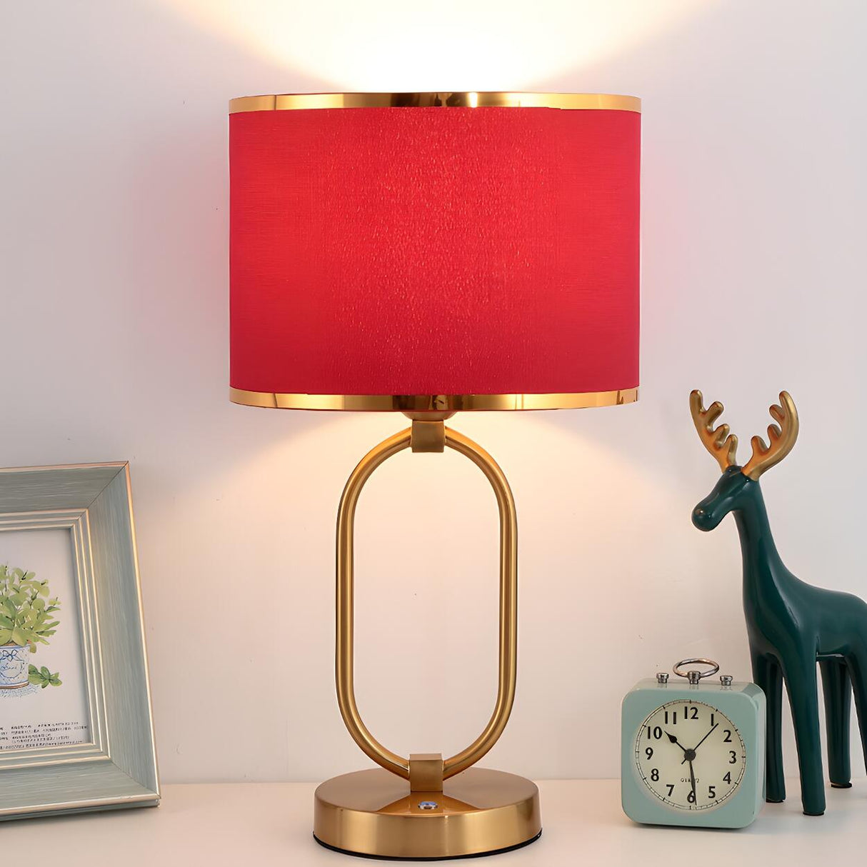 Stylish Red Fabric Drum Shade Crystal Base Table Lamp Image - 2