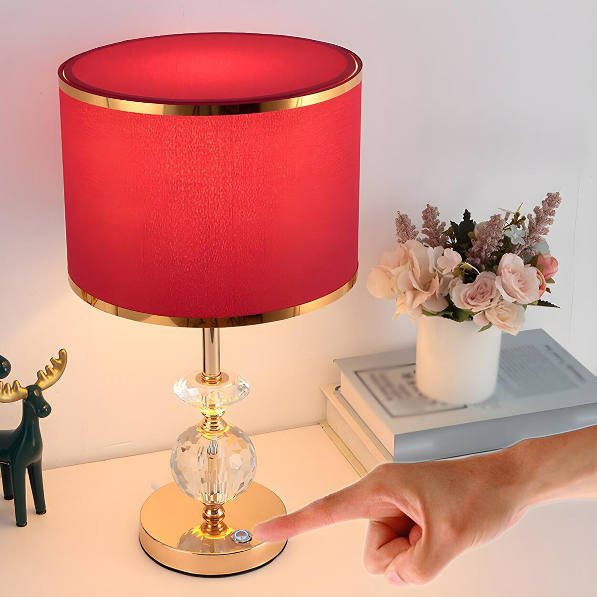 Stylish Red Fabric Drum Shade Crystal Base Table Lamp Image - 3