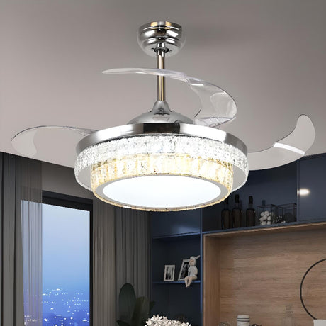 Stylish Retractable Blade Crystal Ceiling Fan Light Image - 2