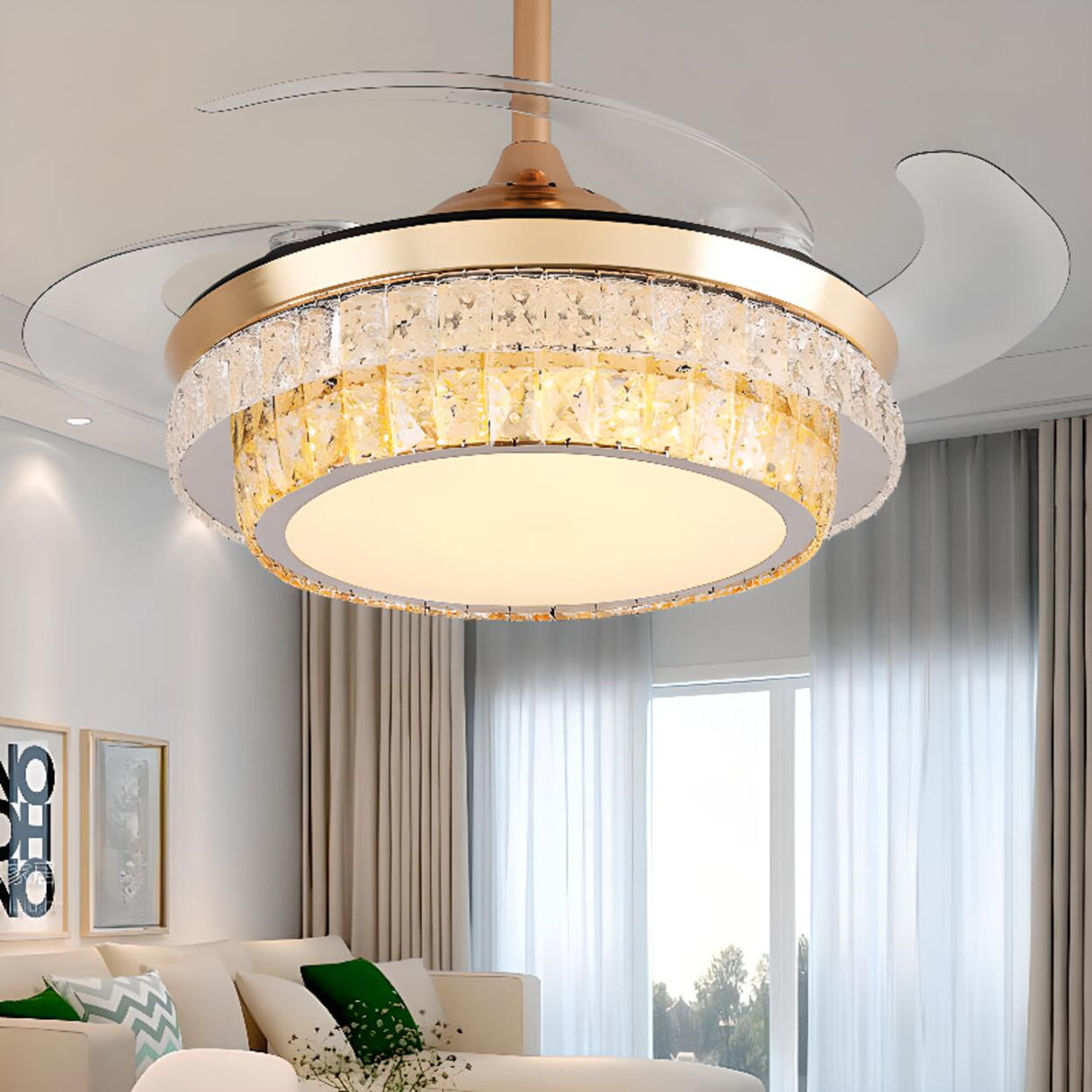 Stylish Retractable Blade Crystal Ceiling Fan Light Image - 3