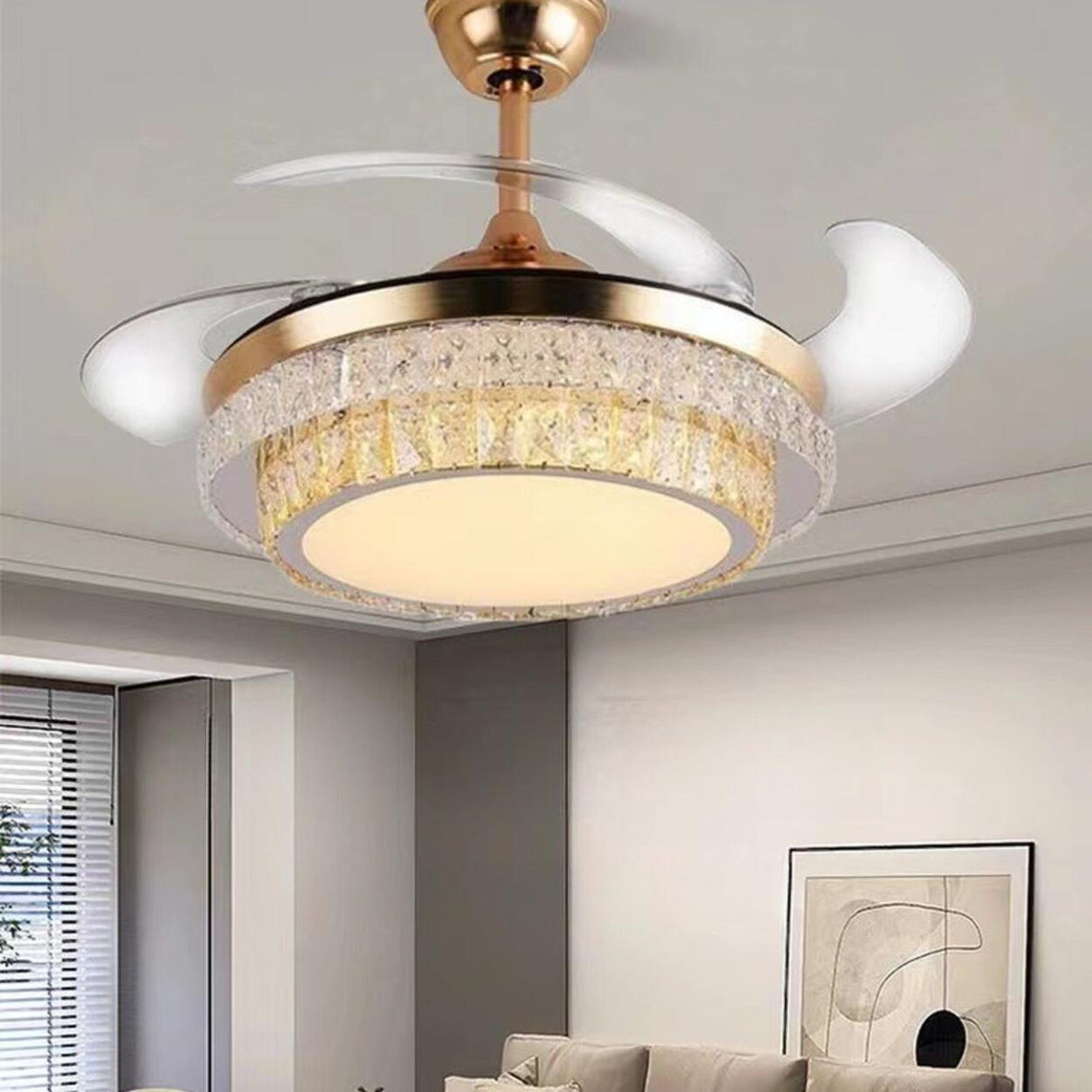 Stylish Retractable Blade Crystal Ceiling Fan Light Image - 4