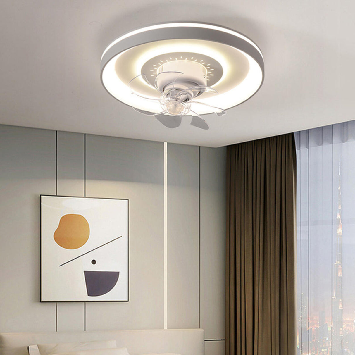 Stylish Round Flush Mount 7 Blades Ceiling Fan Light Image - 2