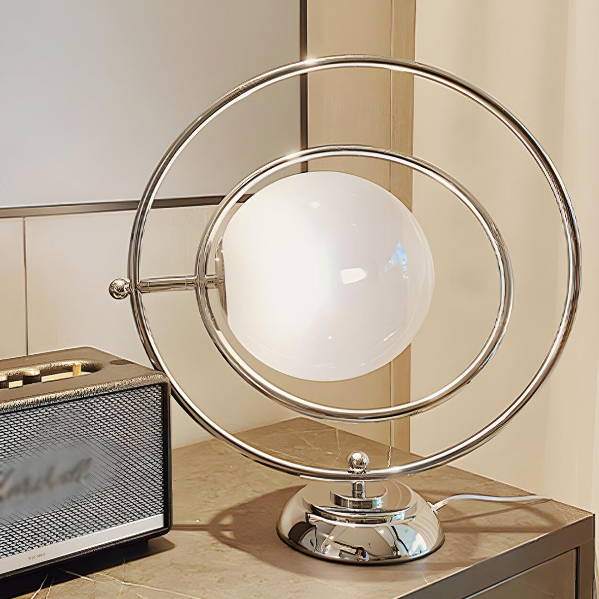 Stylish Silver Round Rotating Moon Metal Table Lamp Image - 6