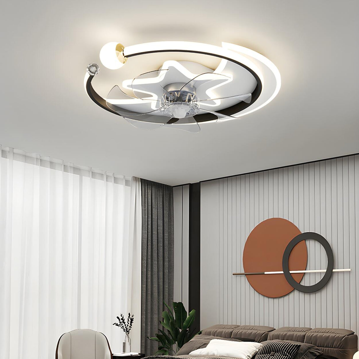 Stylish Star Ring Flush Mount Ceiling Fan with Light Image - 4