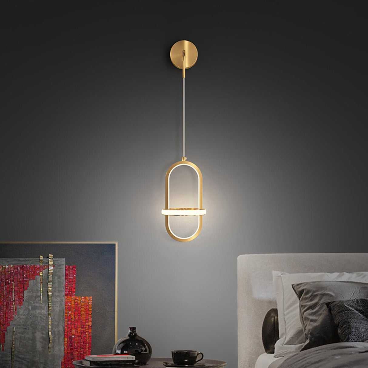 Stylish Suspended Gold Oval Metal LED Wall Light Image - 1