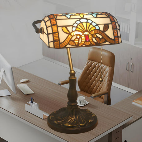 Stylish Tiffany Glass Shade Bronze Banker Table Lamp Image - 1