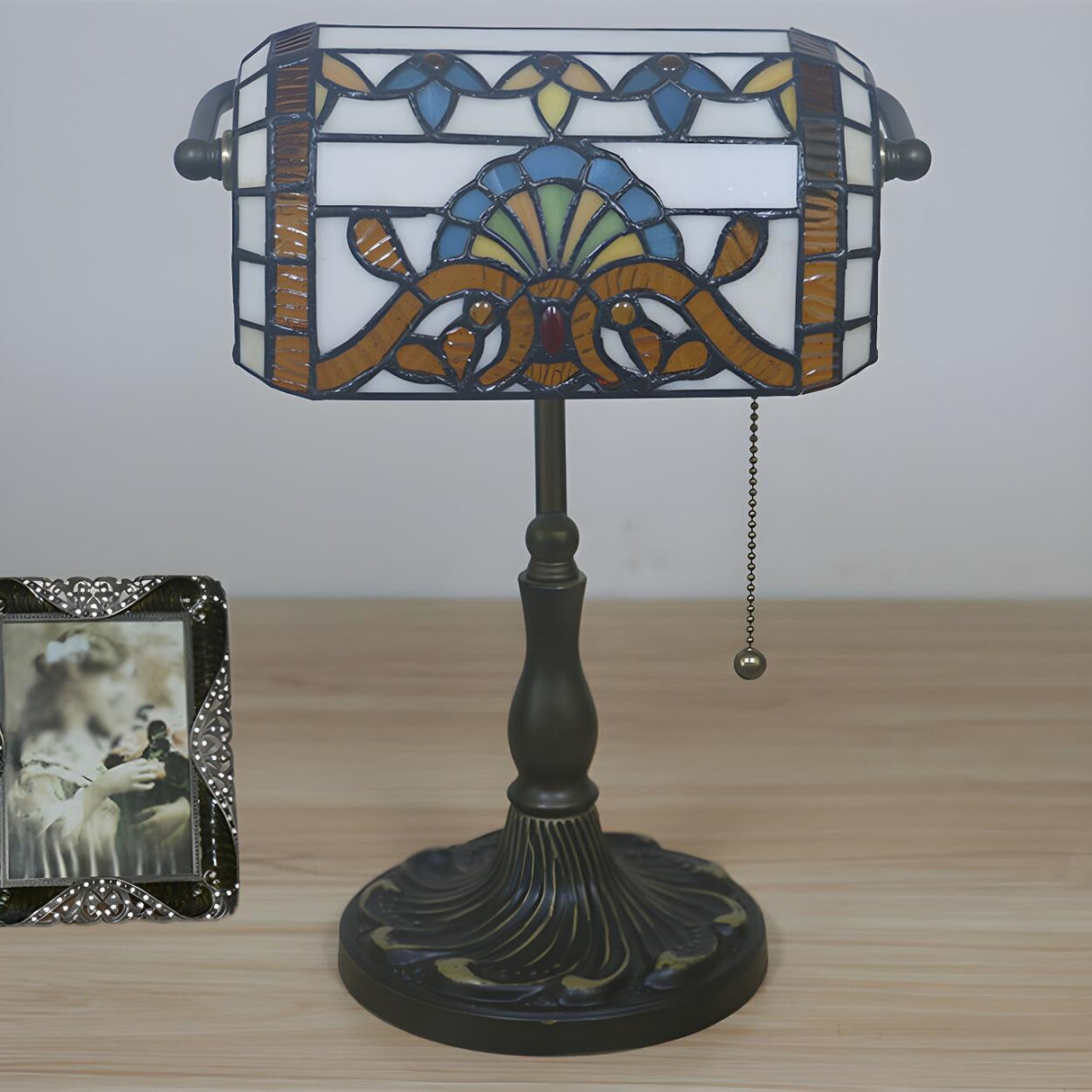 Stylish Tiffany Glass Shade Bronze Banker Table Lamp Image - 11