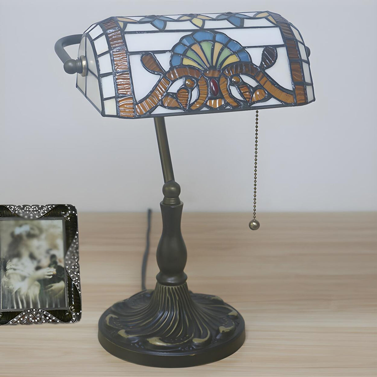 Stylish Tiffany Glass Shade Bronze Banker Table Lamp Image - 12