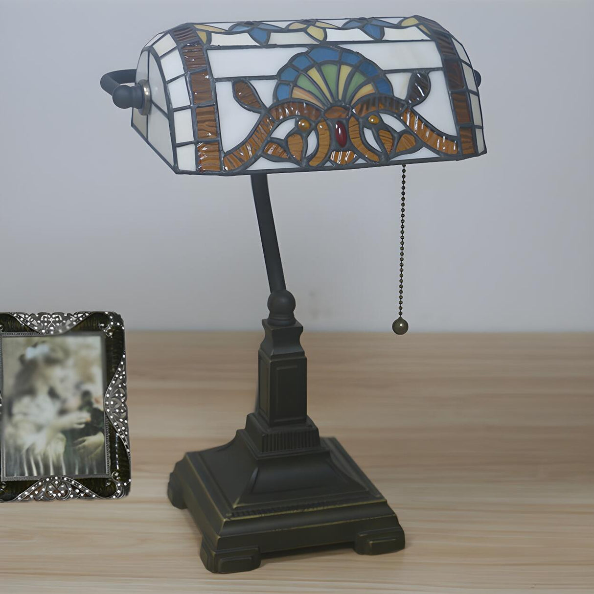 Stylish Tiffany Glass Shade Bronze Banker Table Lamp Image - 13