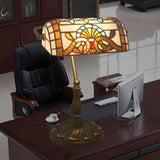 Stylish Tiffany Glass Shade Bronze Banker Table Lamp Image - 17