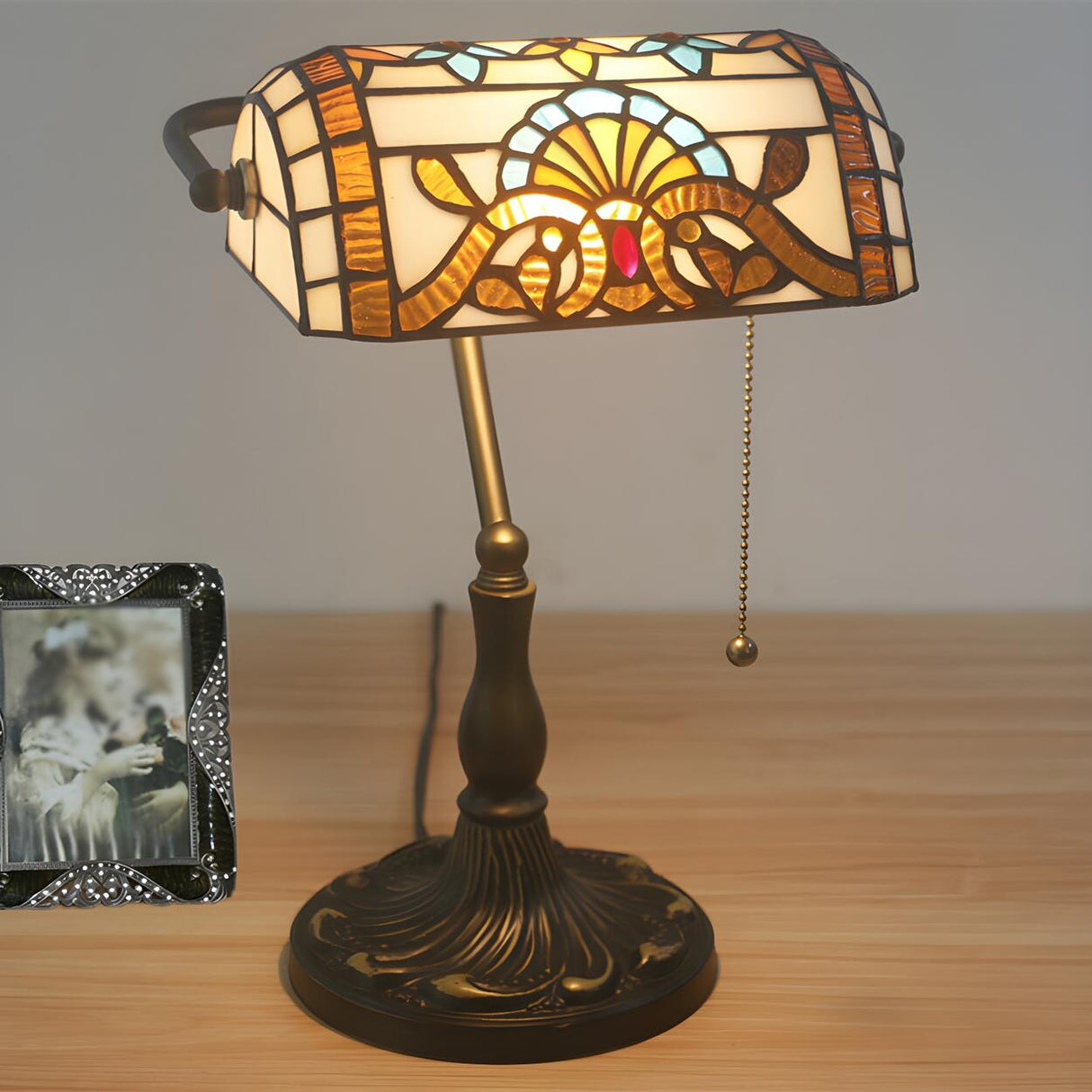 Stylish Tiffany Glass Shade Bronze Banker Table Lamp Image - 2