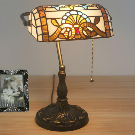 Stylish Tiffany Glass Shade Bronze Banker Table Lamp Image - 2