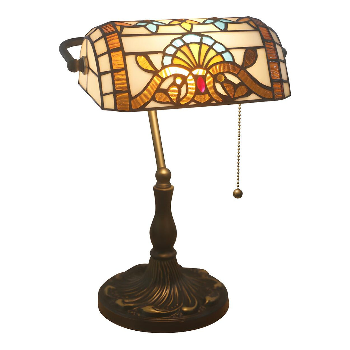 Stylish Tiffany Glass Shade Bronze Banker Table Lamp Image - 7