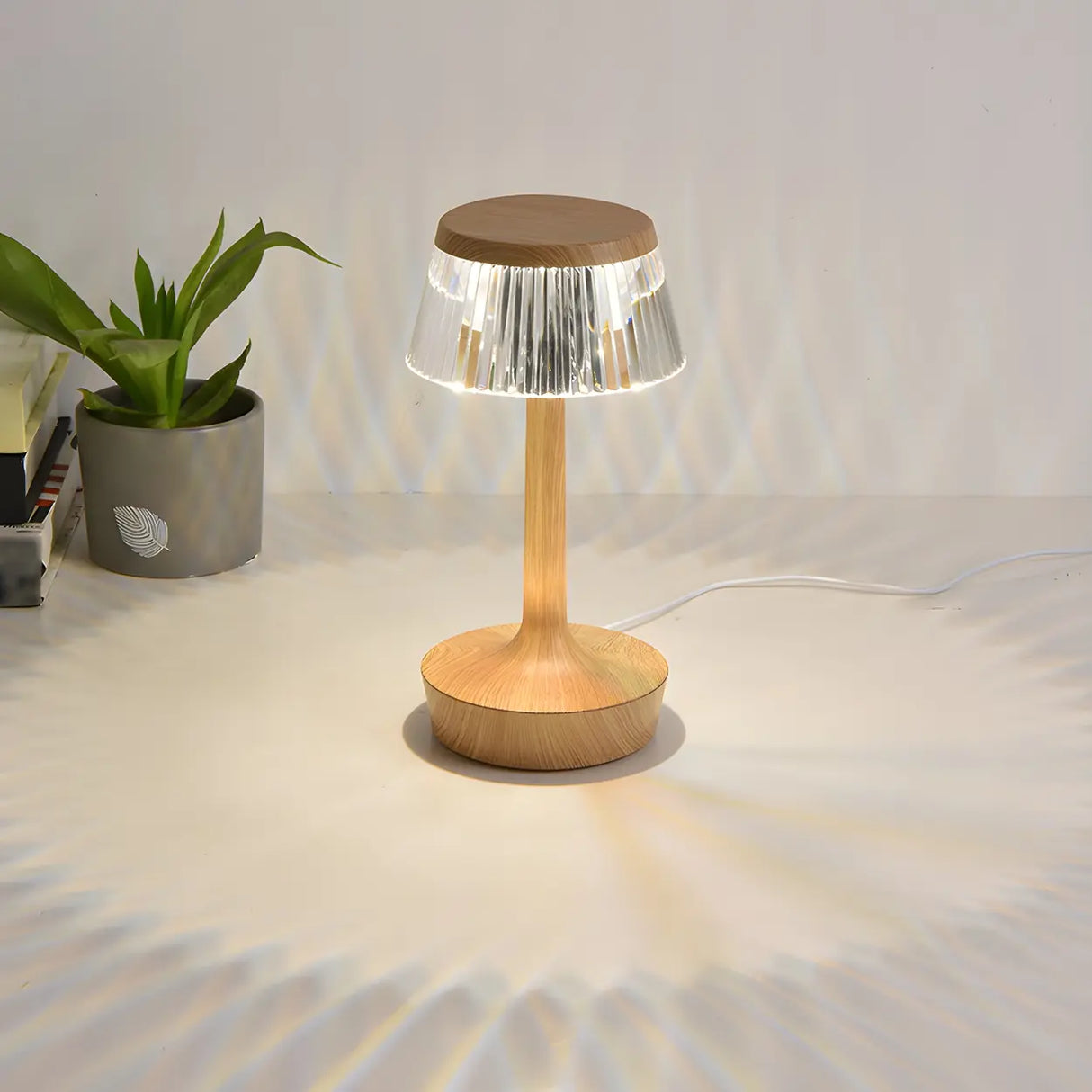 Stylish Unique Reflective Shade Wooden Base Table Lamp Image - 1