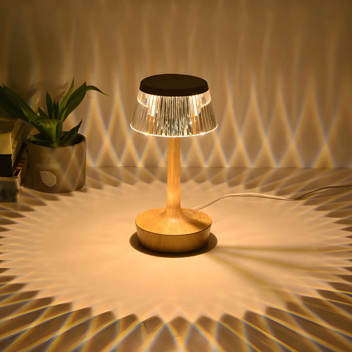 Stylish Unique Reflective Shade Wooden Base Table Lamp Image - 4