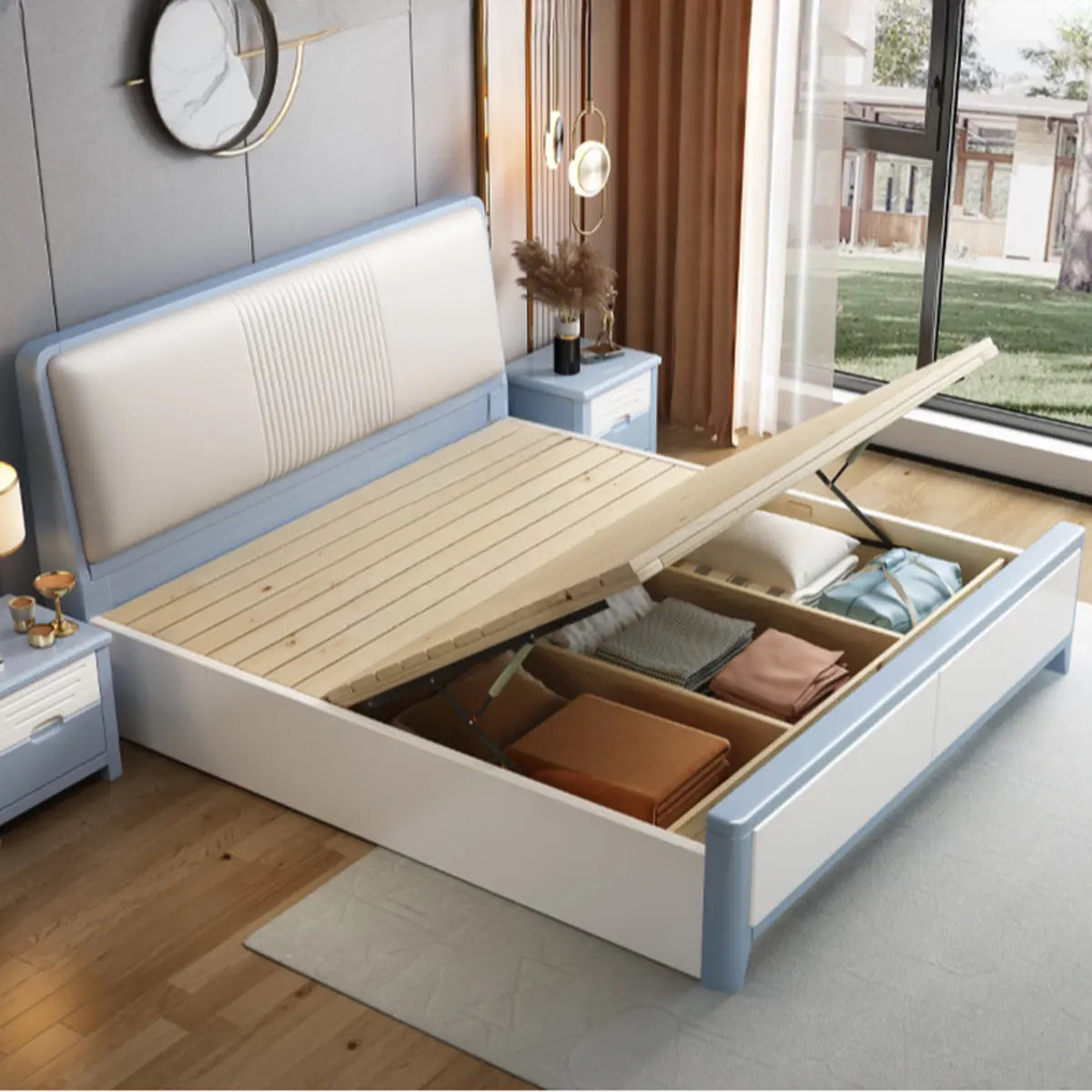 Stylish Upholstered Blue Wood Queen Storage Included Bed Image - 9