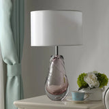 Stylish White Drum Fabric Pear Glass Base Table Lamp Image - 3