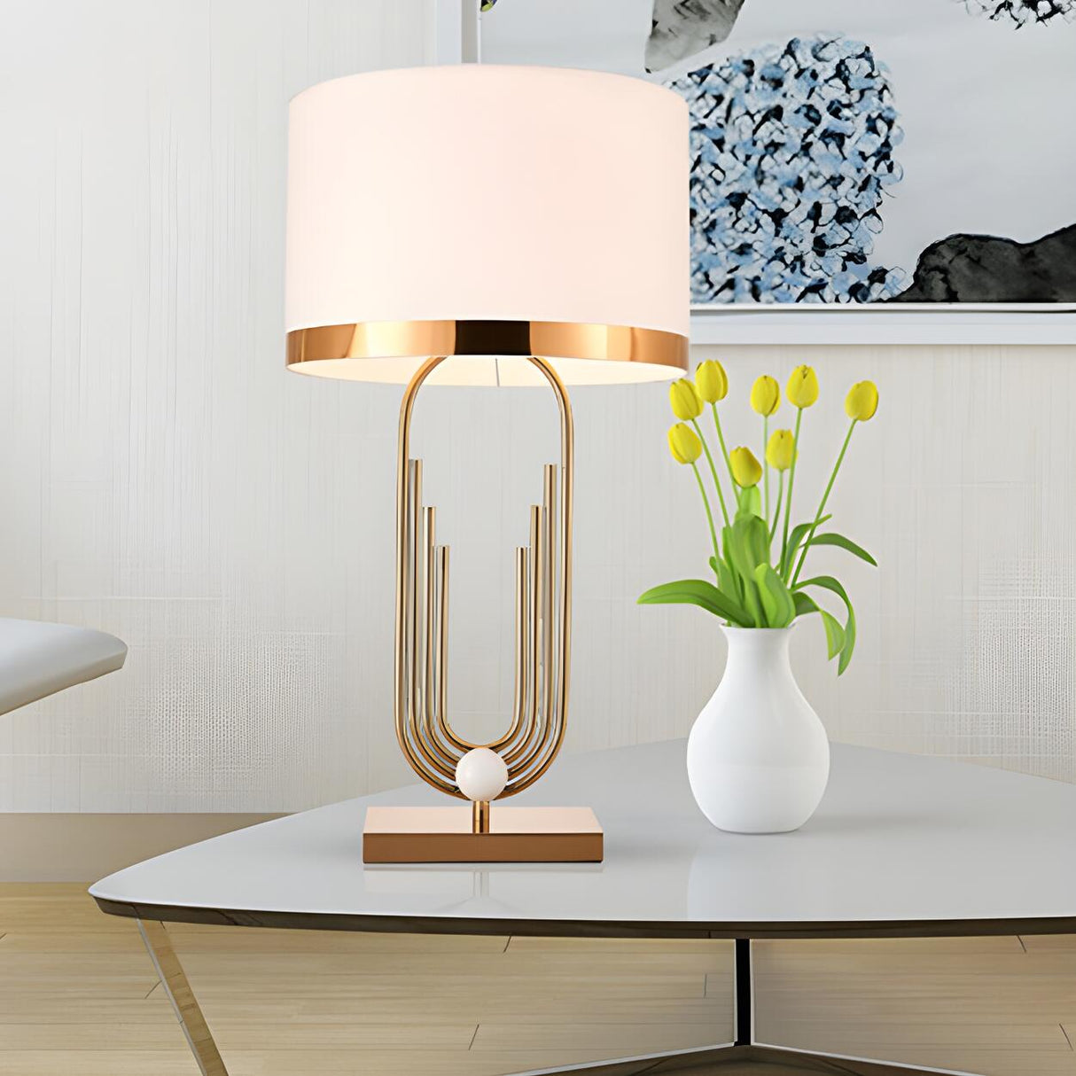 Stylish White Drum Shade Geometric Metal Table Lamp Image - 11