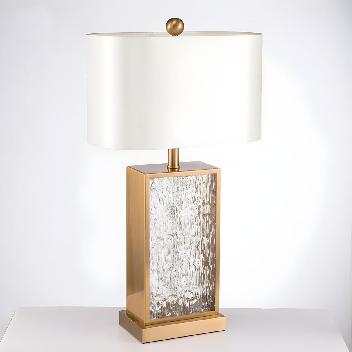 Stylish White Fabric Rectangular Glass Base Table Lamp Image - 6