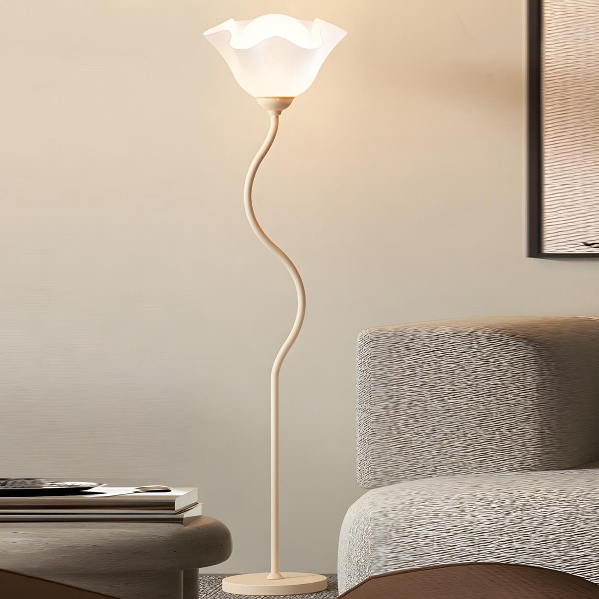 Stylish White Floral Shade Curved Stem Floor Lamp Image - 3