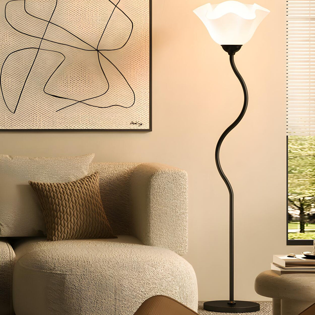 Stylish White Floral Shade Curved Stem Floor Lamp Image - 4